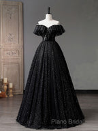 Black Off Shoulder Tulle Long Formal Prom Dresses, Black Formal Dresses