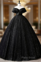 Black Off Shoulder Tulle Long Formal Prom Dresses, Black Formal Dresses