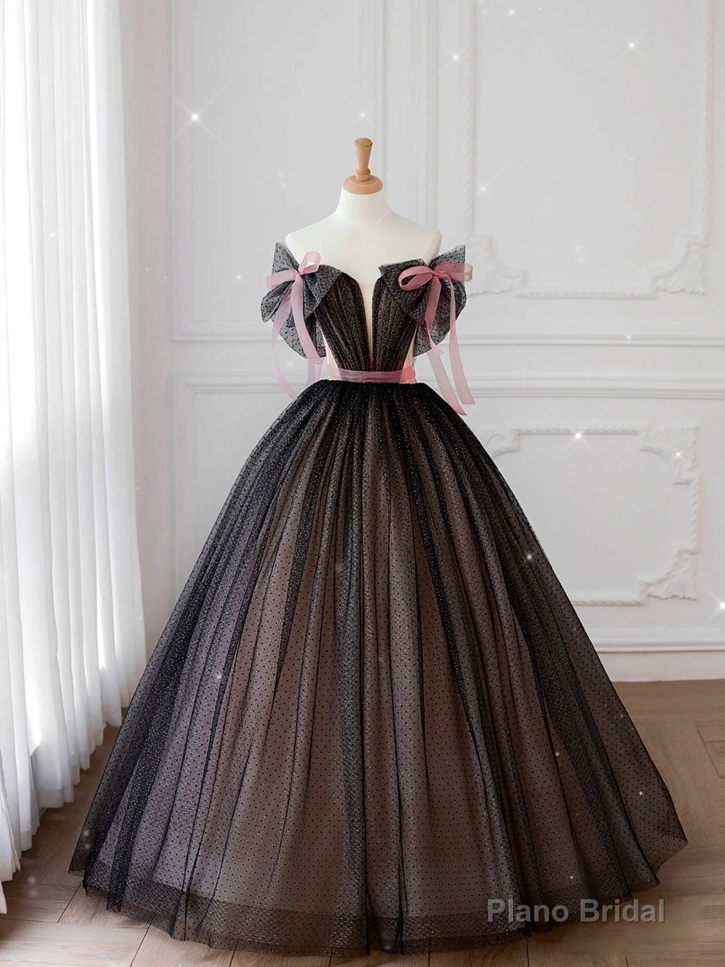 Black off shoulder tulle long prom dress, black tulle formal dress Main image