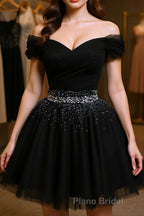 Black Off Shoulder Tulle Sequin Short Formal Prom Dress, Black Homecoming Dresses