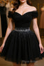 Black Off Shoulder Tulle Sequin Short Formal Prom Dress, Black Homecoming Dresses