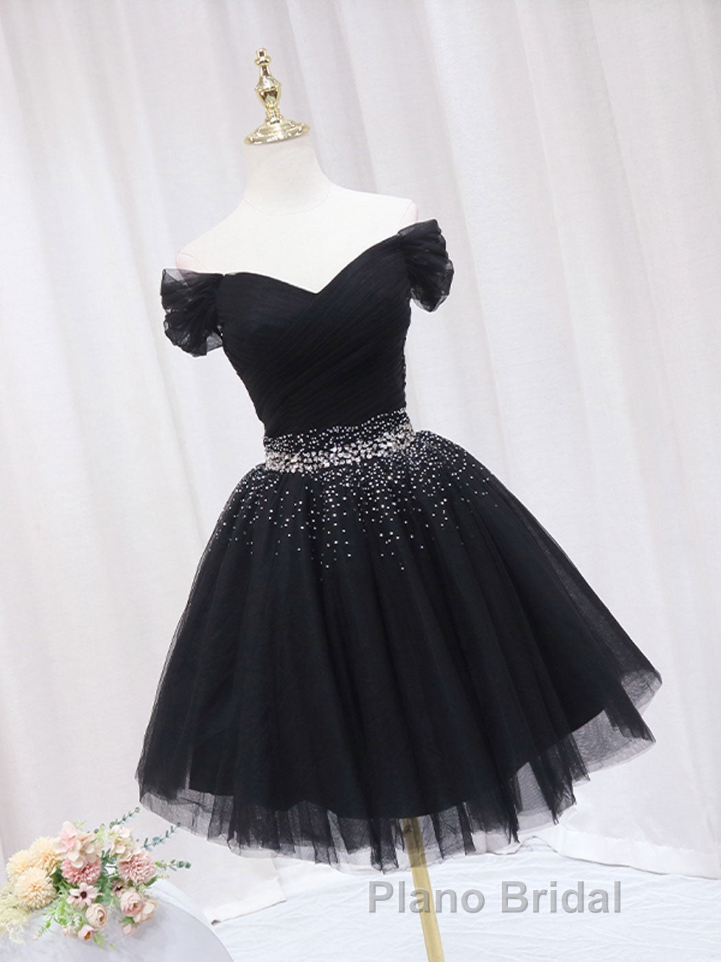 Black Off Shoulder Tulle Sequin Short Formal Prom Dress, Black Homecoming Dresses