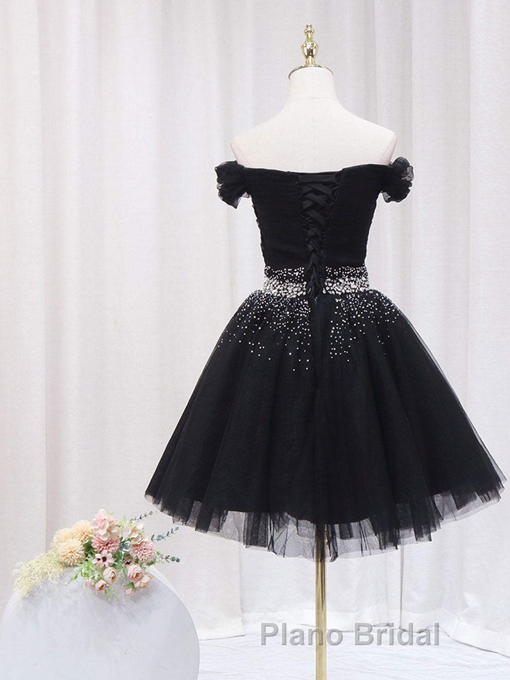 Black Off Shoulder Tulle Sequin Short Formal Prom Dress, Black Homecoming Dresses