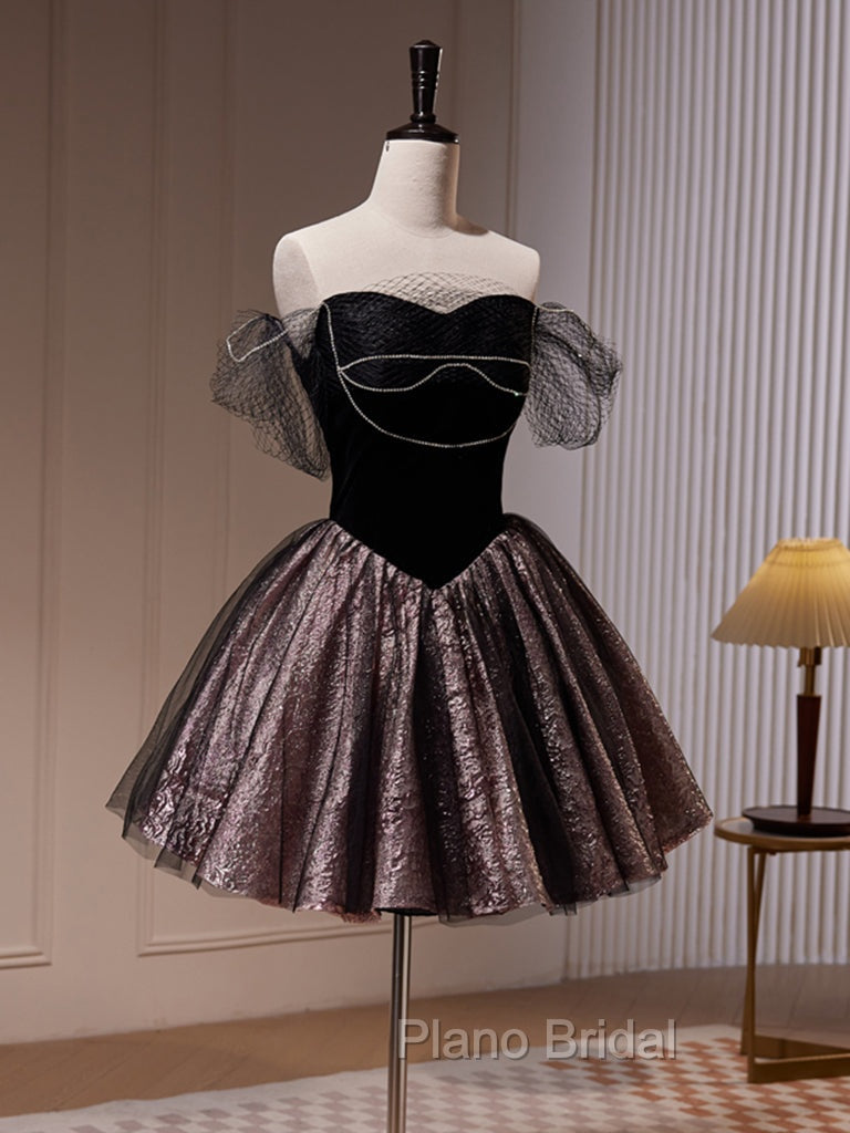 Black Off Shoulder Tulle Short Formal Prom Dresses, Black Homecoming Dresses