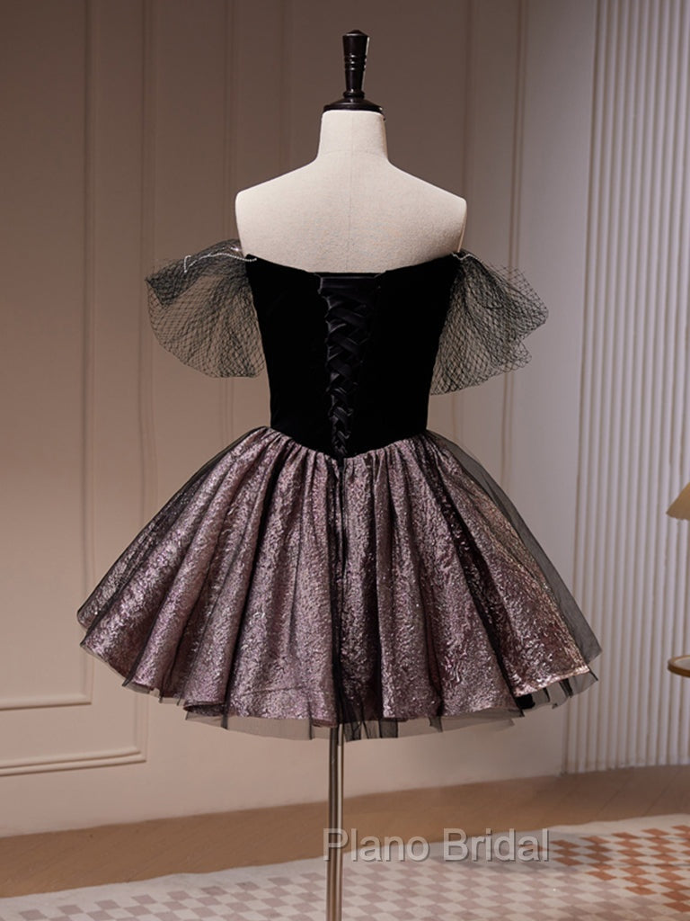 Black Off Shoulder Tulle Short Formal Prom Dresses, Black Homecoming Dresses