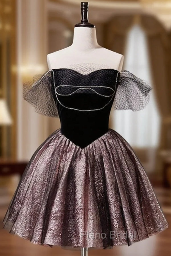 Black Off Shoulder Tulle Short Formal Prom Dresses, Black Homecoming Dresses Main image