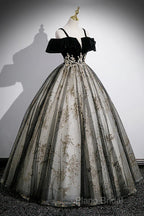 Black Off Shoulder Tulle With Lace Long Formal Dresses, Black Sweet 16 Dresses