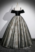 Black Off Shoulder Tulle With Lace Long Formal Dresses, Black Sweet 16 Dresses