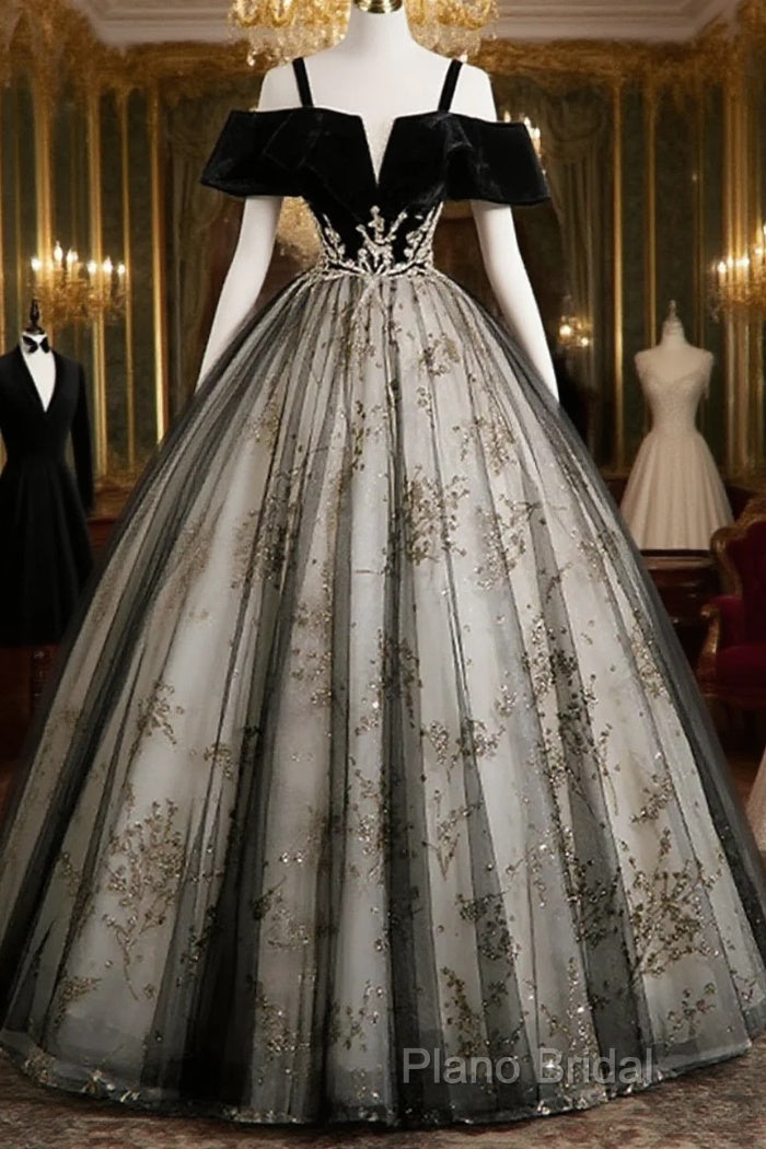 Black Off Shoulder Tulle With Lace Long Formal Dresses, Black Sweet 16 Dresses Main image