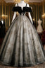 Black Off Shoulder Tulle With Lace Long Formal Dresses, Black Sweet 16 Dresses