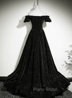Black Off Shoulder Velvet Long Party Dresses Formal Prom Dresses, Black Simple Evening Dresses