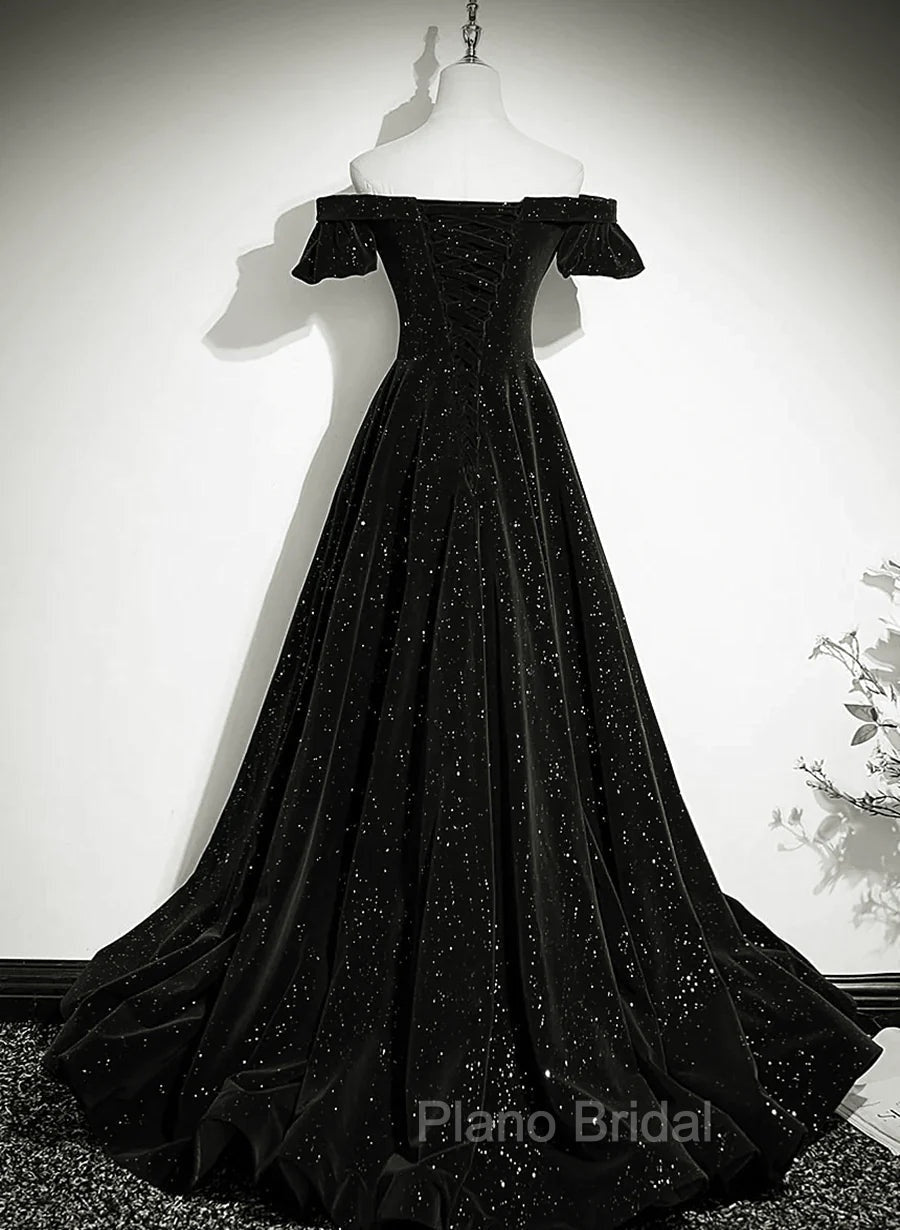 Black Off Shoulder Velvet Long Party Dresses Formal Prom Dresses, Black Simple Evening Dresses