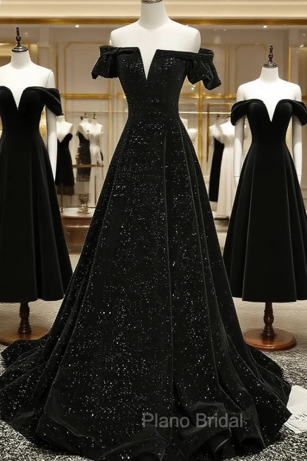 Black Off Shoulder Velvet Long Party Dresses Formal Prom Dresses, Black Simple Evening Dresses