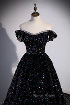 Black Off the Shoulder Beaded Long Formal Dresses, Black Shiny Sequins Evening Dresses