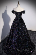 Black Off the Shoulder Beaded Long Formal Dresses, Black Shiny Sequins Evening Dresses