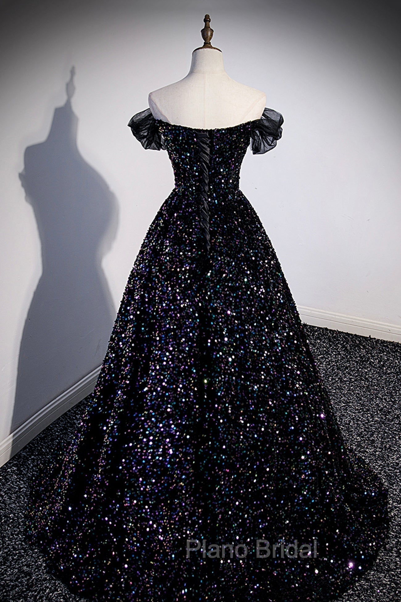 Black Off the Shoulder Beaded Long Formal Dresses, Black Shiny Sequins Evening Dresses