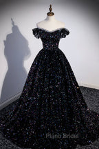 Black Off the Shoulder Beaded Long Formal Dresses, Black Shiny Sequins Evening Dresses