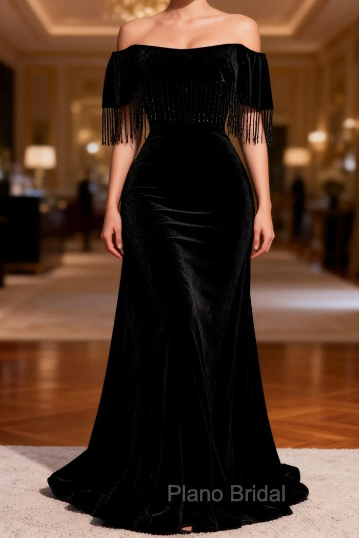 Black Off the Shoulder Beading Formal Prom Dresses