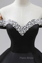 Black Off the Shoulder Pearls Long Sleeve Formal Prom Dresses, A-Line Evening Party Dresses with Slit