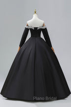 Black Off the Shoulder Pearls Long Sleeve Formal Prom Dresses, A-Line Evening Party Dresses with Slit