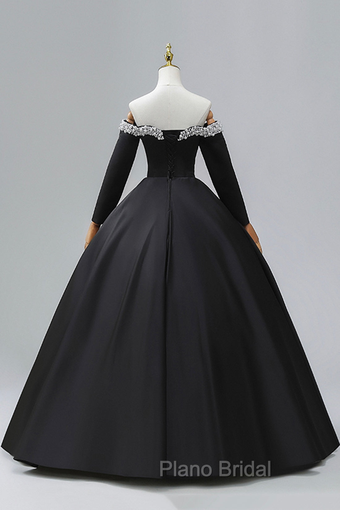 Black Off the Shoulder Pearls Long Sleeve Formal Prom Dresses, A-Line Evening Party Dresses with Slit