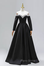Black Off the Shoulder Pearls Long Sleeve Formal Prom Dresses, A-Line Evening Party Dresses with Slit