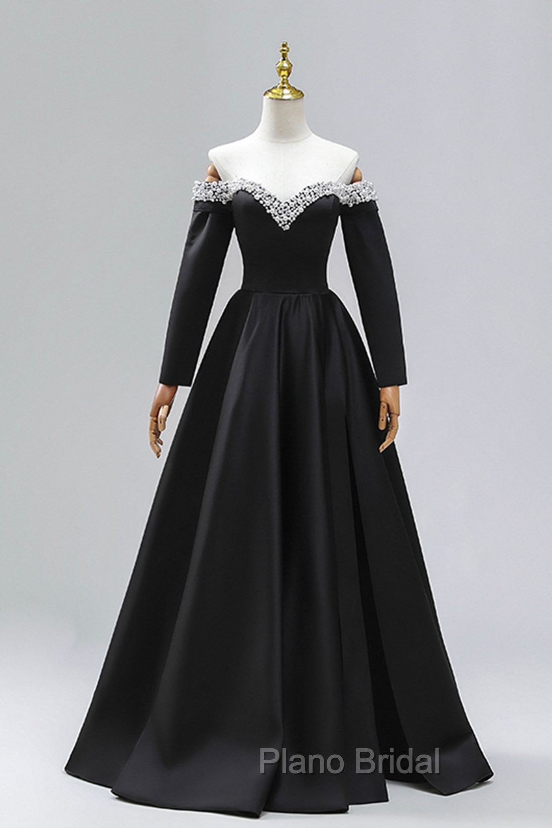 Black Off the Shoulder Pearls Long Sleeve Formal Prom Dresses, A-Line Evening Party Dresses with Slit