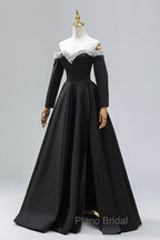 Black Off the Shoulder Pearls Long Sleeve Formal Prom Dresses, A-Line Evening Party Dresses with Slit