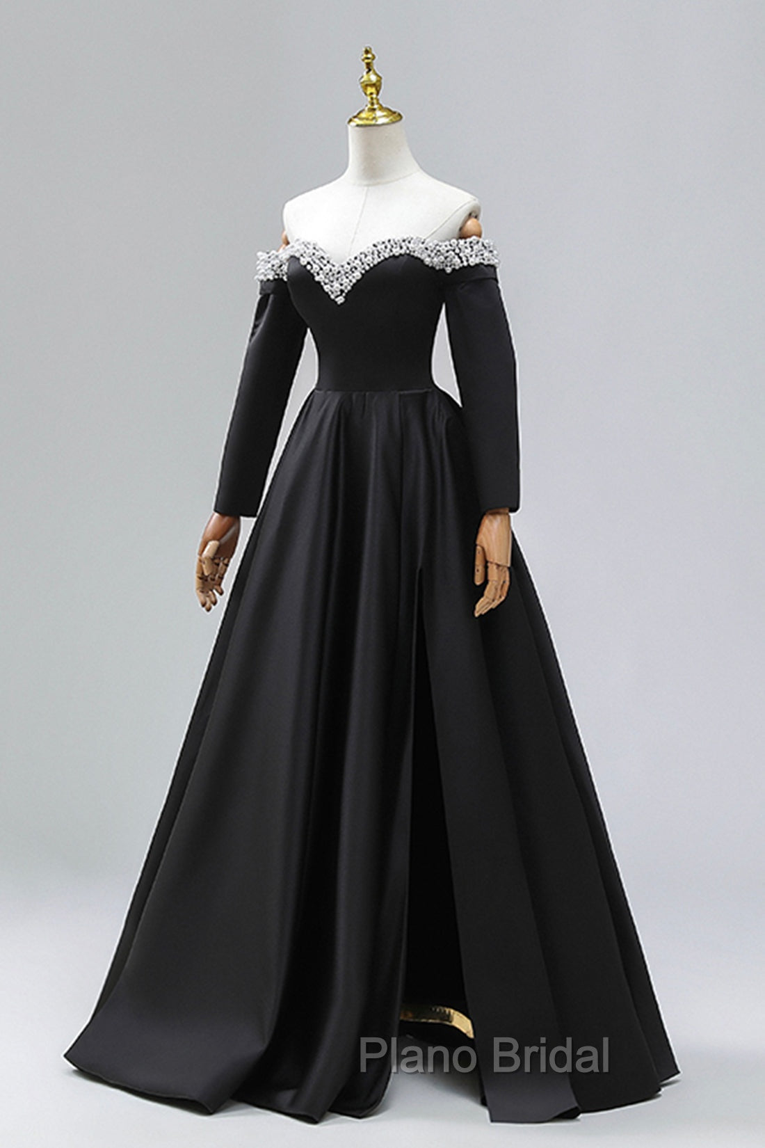 Black Off the Shoulder Pearls Long Sleeve Formal Prom Dresses, A-Line Evening Party Dresses with Slit