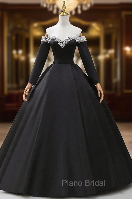Black Off the Shoulder Pearls Long Sleeve Formal Prom Dresses, A-Line Evening Party Dresses with Slit Main image