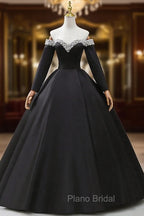 Black Off the Shoulder Pearls Long Sleeve Formal Prom Dresses, A-Line Evening Party Dresses with Slit