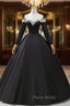 Black Off the Shoulder Pearls Long Sleeve Formal Prom Dresses, A-Line Evening Party Dresses with Slit