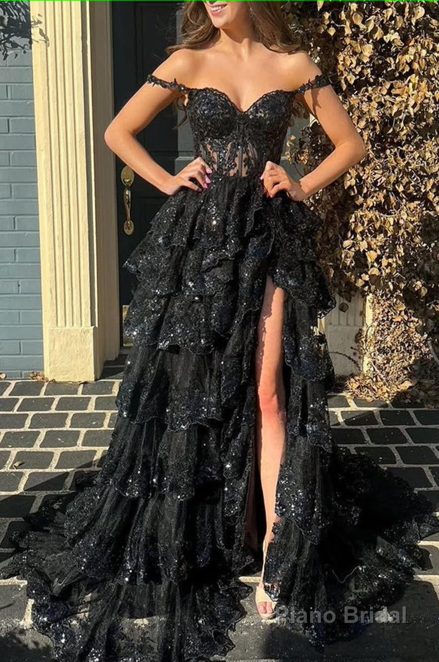 Black Off The Shoulder Tiered Prom Dress Main image