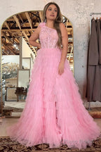 Black One Shoulder Corset Tiered Long Prom Dress with Ruffles