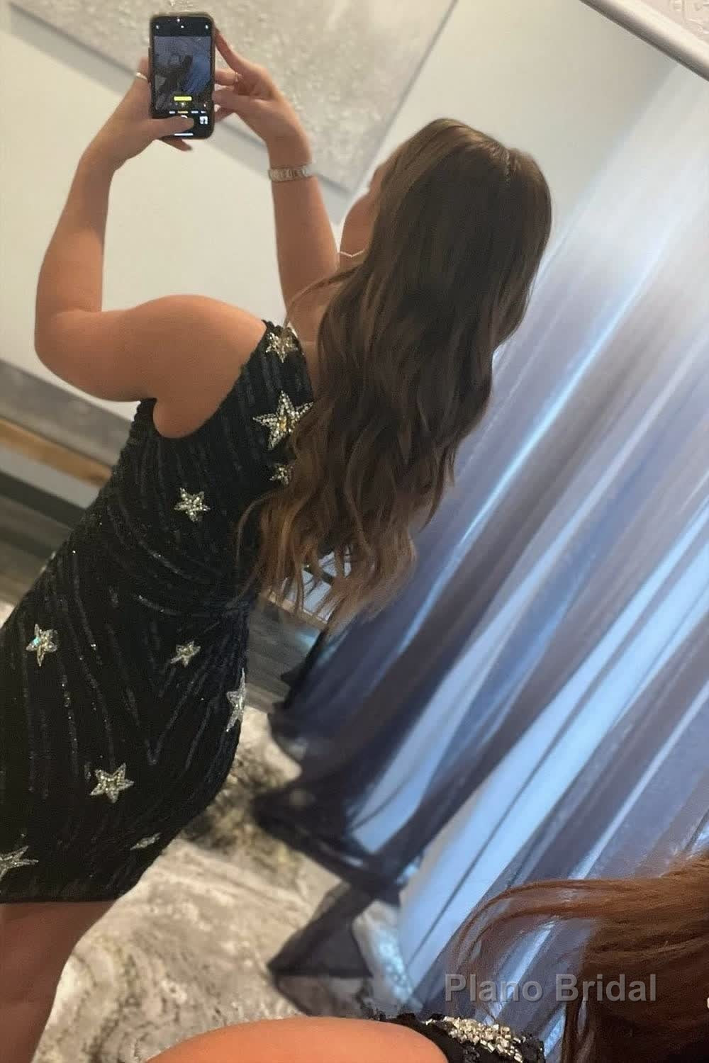 Black One Shoulder Sequin Star Above Keen Homecoming Dress Secondary image
