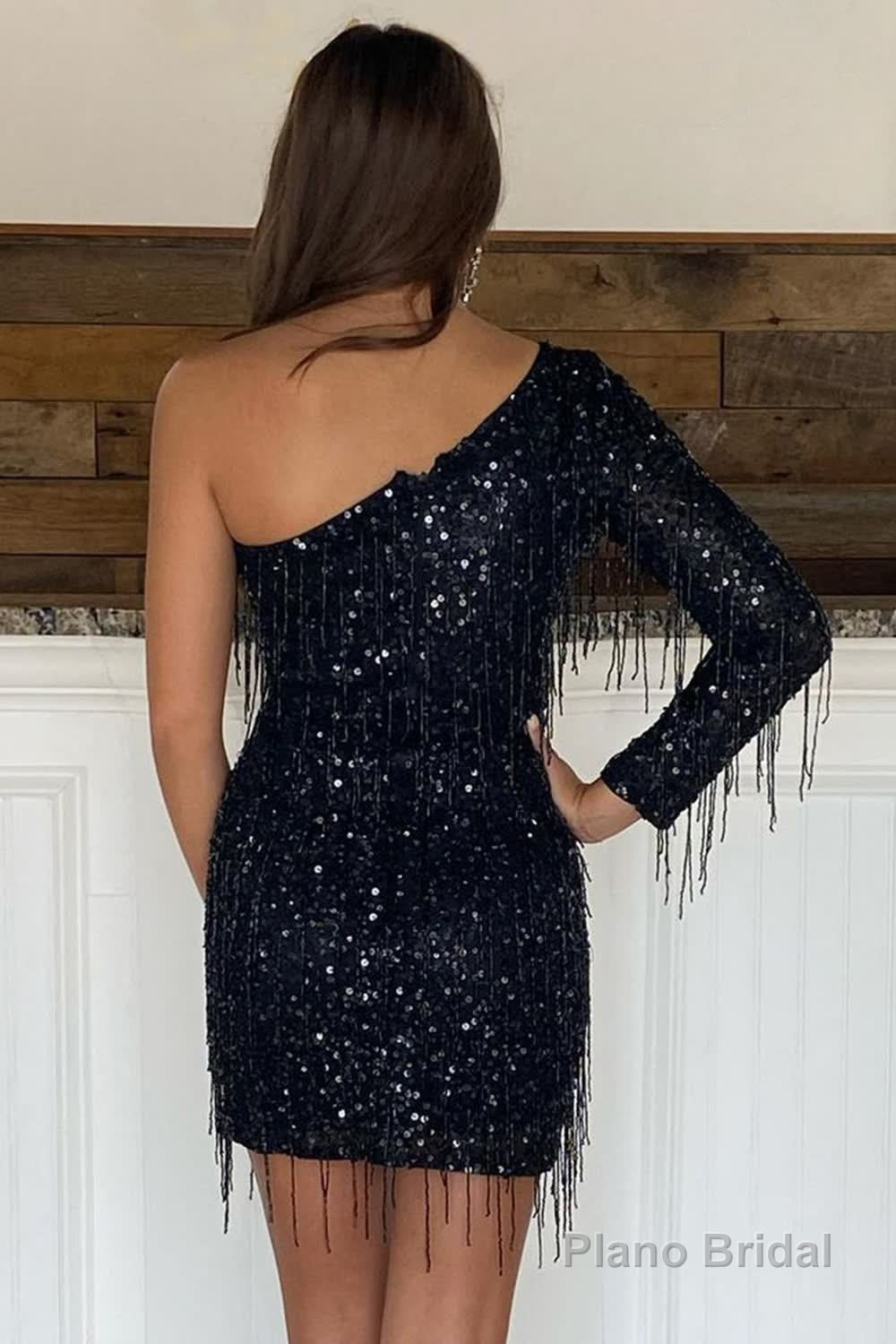 Black One Shoulder Sequins Short Homecoming Dress with Fringes Secondary image