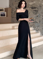 Black One Shoulder Slit Long Formal Evening Dresses, Black Formal Dresses Formal Prom Dresses
