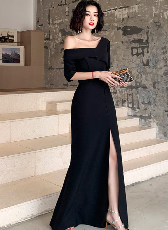 Black One Shoulder Slit Long Formal Evening Dresses, Black Formal Dresses Formal Prom Dresses