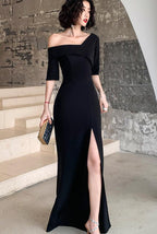 Black One Shoulder Slit Long Formal Evening Dresses, Black Formal Dresses Formal Prom Dresses