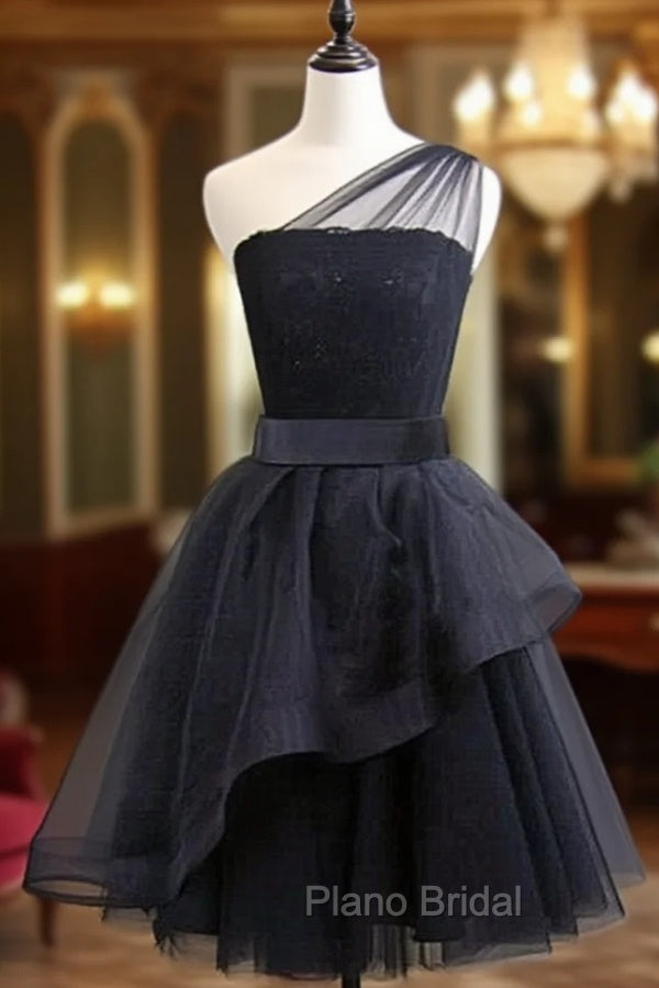 Black One Shoulder Tulle Short Formal Dresses, Black Homecoming Dresses Main image