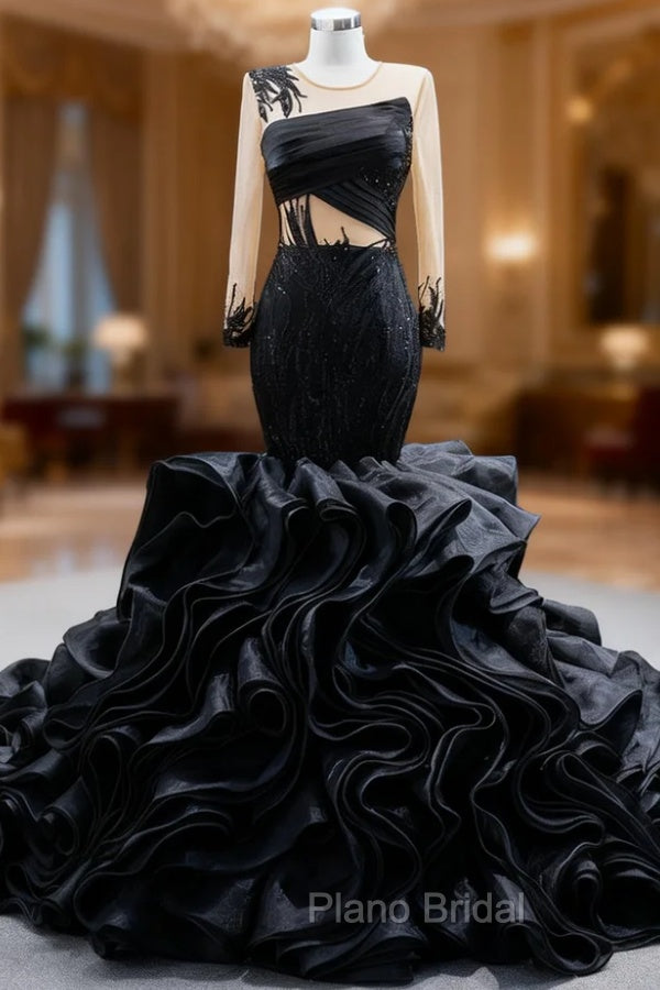 Black Organza Mermaid Long Sleeve Beading Formal Prom Dresses Main image