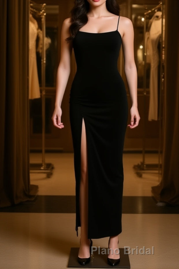 Black Party Dress, Gorgeous Spaghetti-Straps Mermaid Formal Prom Dress Long With Split Evening gowns