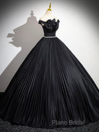Black Pleated Long A-Line Party Gown With Rhinestone Sash, Elegant Off The Shoulder Formal Dresses