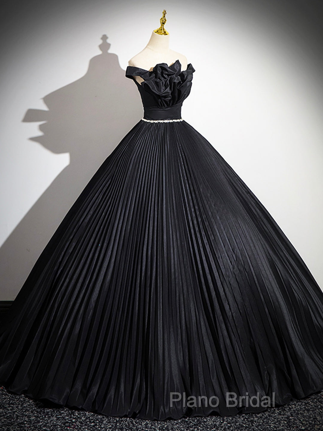 Black Pleated Long A-Line Party Gown With Rhinestone Sash, Elegant Off The Shoulder Formal Dresses