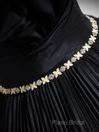 Black Pleated Long A-Line Party Gown With Rhinestone Sash, Elegant Off The Shoulder Formal Dresses