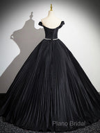 Black Pleated Long A-Line Party Gown With Rhinestone Sash, Elegant Off The Shoulder Formal Dresses