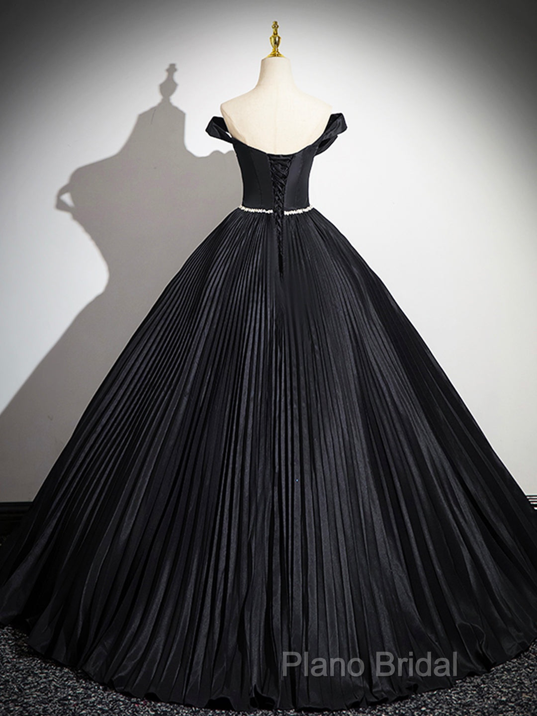 Black Pleated Long A-Line Party Gown With Rhinestone Sash, Elegant Off The Shoulder Formal Dresses