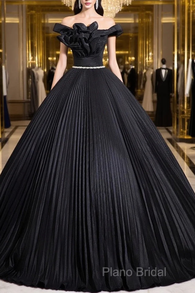 Black Pleated Long A-Line Party Gown With Rhinestone Sash, Elegant Off The Shoulder Formal Dresses Main image