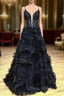 Black Plunge V Spaghetti Strap Ruffle Tiered Long Gown