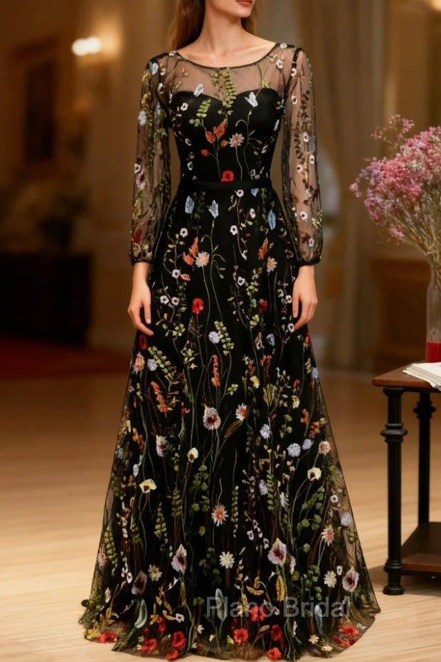 Black Print Long Sleeve Formal Prom Dresses